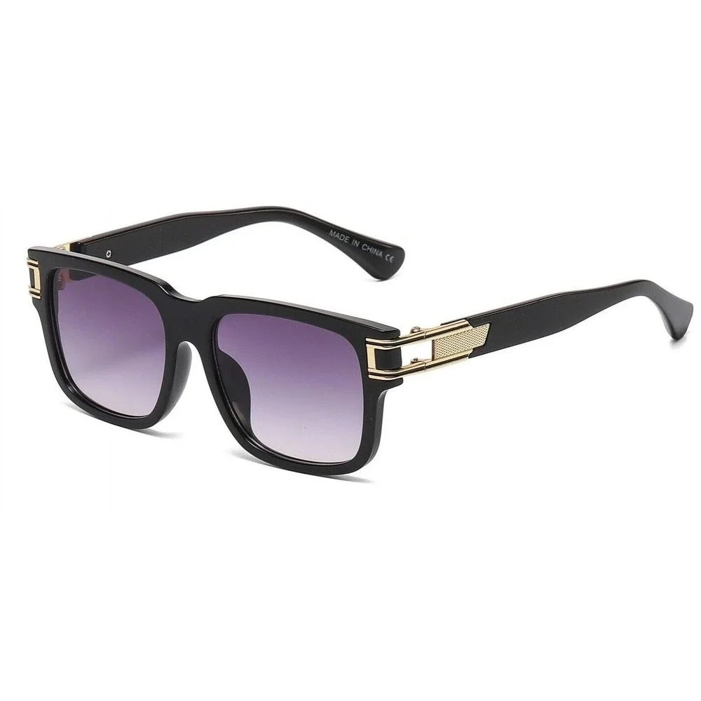 Square Sunglasses Black Frame Gold Accent Black‎ Lens Fashion Shades Street Wear
